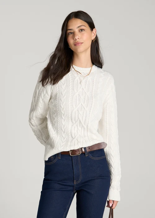 White Virelune Arvessa Cable Knit Sweater By Jenvycustomtee With Cozy Textured Pattern Elegant Casual Outfit Style