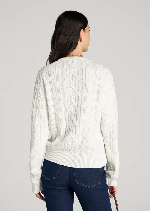 White Virelune Arvessa Cable Knit Sweater By Jenvycustomtee With Cozy Textured Pattern Elegant Casual Outfit Style - Image 3